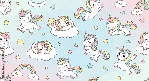 Cute cartoon unicorns on clouds.