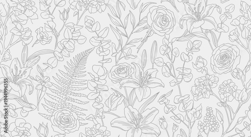 Detailed line drawing of various flowers.
