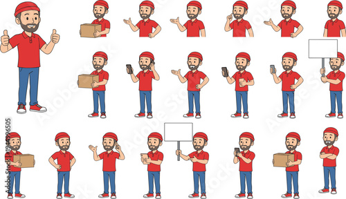 Professional delivery man character set with bearded courier in red uniform holding boxes, using phone, and showing gestures, isolated vector illustration for logistics service and shipping concepts.