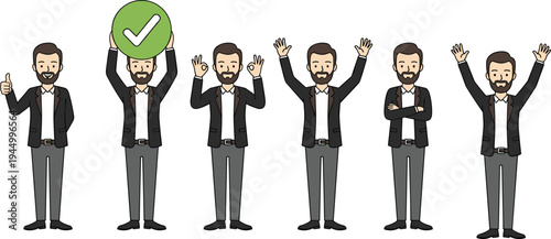 Successful businessman character set in formal suit holding checkmark icon and showing positive gestures like thumbs up and ok sign, isolated flat vector illustration for business achievement.