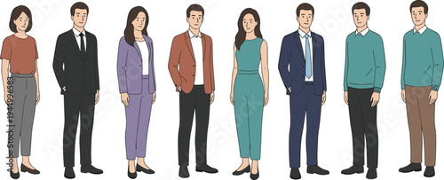 Diverse business people character set featuring men and women in professional office attire and formal suits standing isolated flat vector illustration for corporate team concepts.