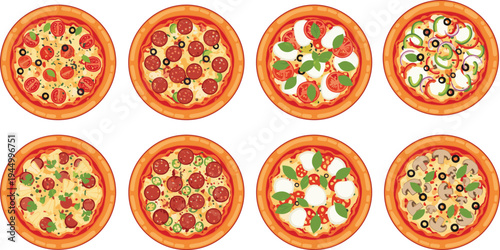 Delicious pizza collection with various toppings including pepperoni, margarita, mushroom, and vegetable on thin crust 