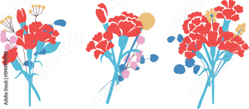 母の日イラスト。母の日のカーネーションと春の花イラストセット。Mother's Day illustration. Mother's Day carnation and spring flower illustration set.