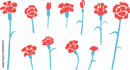 母の日イラスト。母の日のカーネーションと春の花イラストセット。Mother's Day illustration. Mother's Day carnation and spring flower illustration set.