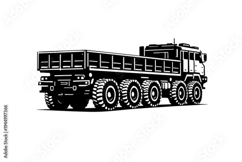 Rear three-quarter view of a generic military cargo truck showing extended cargo bed