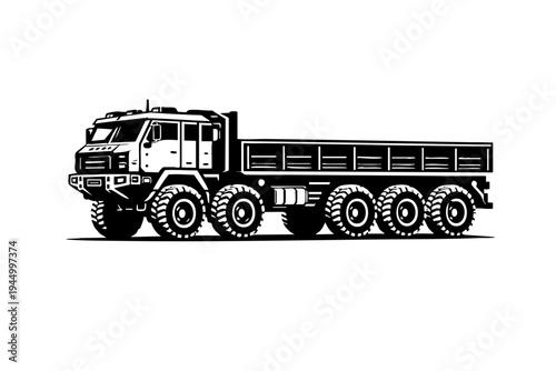 Side profile view of a generic military offroad cargo truck showing four axles