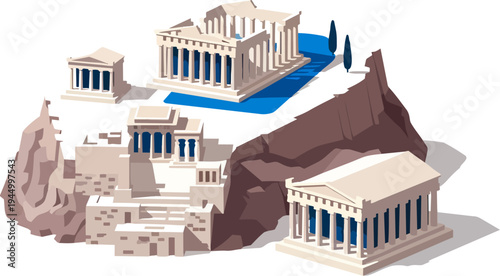 Vector illustration of an ancient Greek acropolis with classical temples and buildings on rocky hills.