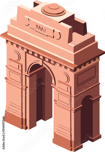 Isometric illustration of India Gate, a historical monument and war memorial in New Delhi, India.