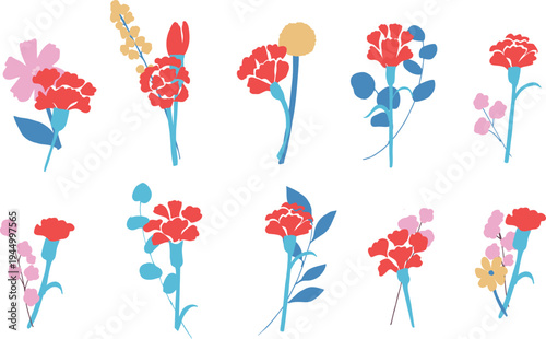 母の日イラスト。母の日のカーネーションと春の花イラストセット。Mother's Day illustration. Mother's Day carnation and spring flower illustration set.