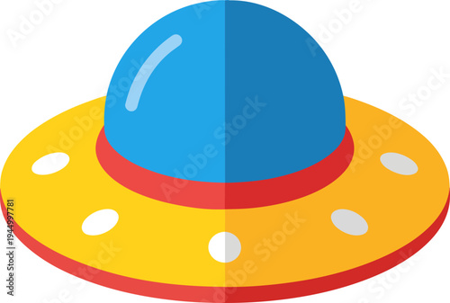 A colorful cartoon illustration of a flying saucer with a blue dome, yellow body, red rim, and white lights.