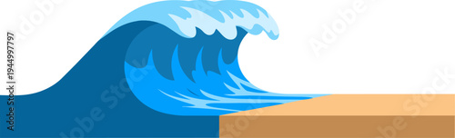 A stylized illustration of a large blue ocean wave with a white crest approaching a flat sandy beach under a clear sky.