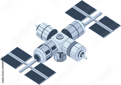Isometric illustration of a modular space station with solar panels orbiting Earth, depicting advanced aerospace technology and scientific research in orbit.