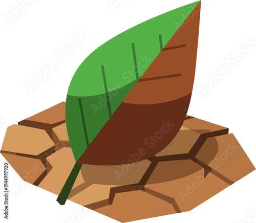 A half-green, half-brown leaf on cracked dry ground, illustrating drought and environmental impact.