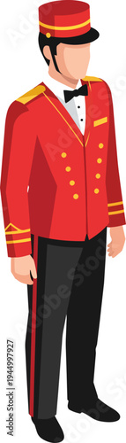 Illustration of a bellhop or doorman in a classic red uniform with gold accents and a matching hat, standing upright.