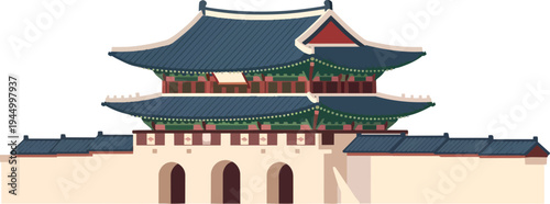 Illustration of a traditional Korean palace gate with a blue tiled roof and intricate details, showcasing historical East Asian architecture.