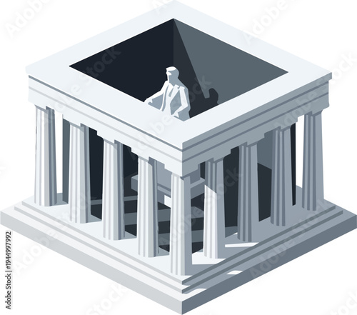 Isometric view of a white classical monument with columns and a seated statue inside, resembling the Lincoln Memorial.