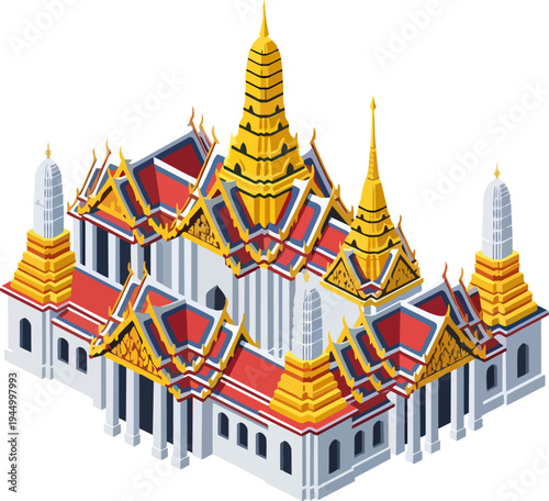 Isometric illustration of a majestic Thai temple complex with golden tiered roofs and intricate traditional architecture, set against a white background.