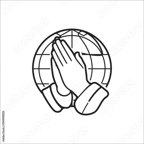 Praying hands over world globe, prayer for world peace line icon