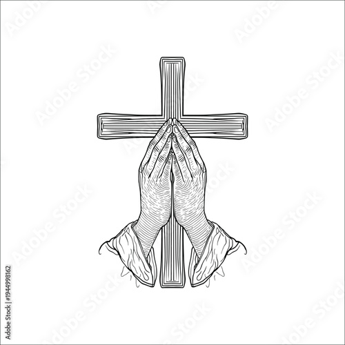 Praying hands with christian cross, religious faith prayer line art illustration