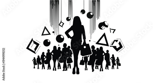 Silhouette of confident woman leading a crowd of shoppers with bags