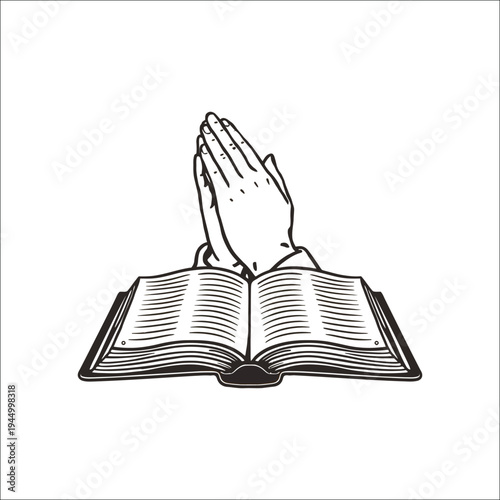 Praying Hands on Open Bible Book Line Art Vector Illustration