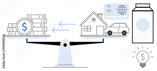 Budgeting, economic management, asset valuation, financial stability, investment strategies, and digital transactions. Money and assets balanced on a scale. Economic management and asset valuation