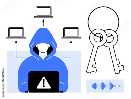 Cybersecurity threat. Hacker with network of devices, security keys, and encrypted audio signals. Cybersecurity ensuring online safety, data protection, and encryption. For risk management, digital