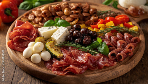 Wallpaper Mural Italian antipasto board with cured meat, cheese, olives and herbs, rustic appetizing display Torontodigital.ca