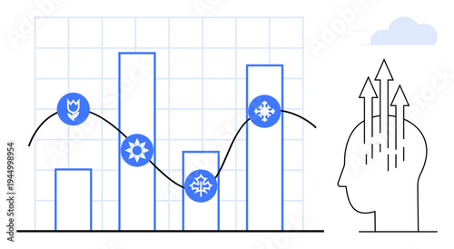 Data analysis. Visual ation of seasonal data trends with charts and symbols. Data trends connecting with human intelligence and growth. For analytics, decision-making, forecasting, education