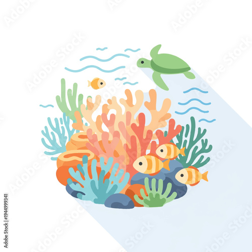 Coral Reef with Fish and Turtle.