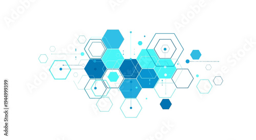 The graphic design features a cluster of hexagons in various shades of blue on a white background.