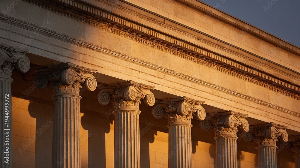 Fototapeta premium ionic. A neoclassical colonnade illuminated by sunset, capturing timeless architectural elegance. inspiring travel planning.
