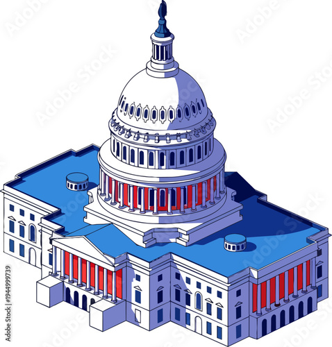 An isometric illustration of the United States Capitol Building, showcasing its iconic dome and neoclassical architecture.