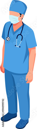 An illustration of a medical professional wearing blue scrubs, a surgical cap, and a face mask, with a stethoscope around their neck.