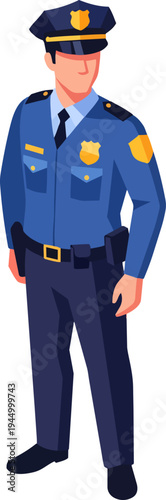 A stylized illustration of a police officer in uniform, standing and looking forward.