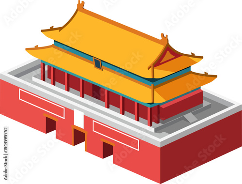 Isometric illustration of a traditional Chinese palace gate with red walls and a golden tiered roof, depicting ancient Asian architecture.