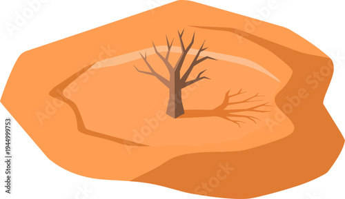 A solitary, barren tree stands in the middle of a dry, cracked desert landscape under a harsh sun.