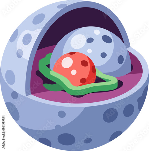 Stylized illustration of a cross-section of a cell, highlighting its internal organelles and structures.