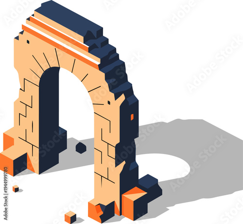 An isometric illustration of a crumbling ancient stone archway with a shadow cast on a white background.