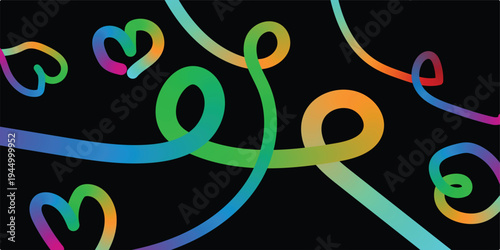 Vibrant rainbow colored swirling lines and hearts on black background