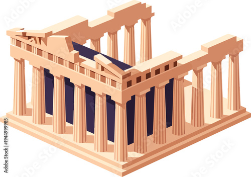 Isometric illustration of the Parthenon temple ruins in Athens, Greece, showcasing its Doric columns and architectural structure.