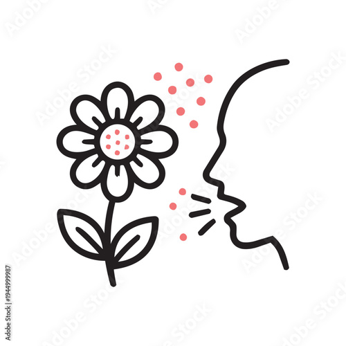 Nose smelling flower allergy test line icon. Olfactory sense vector illustration isolated on white background.