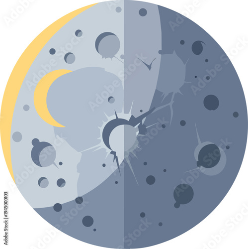 A stylized illustration of the moon showing craters and a crescent moon in the background.