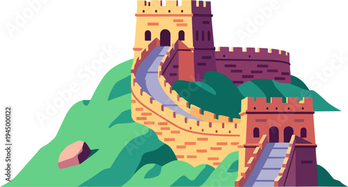 A stylized illustration of the Great Wall of China winding over green hills with watchtowers.