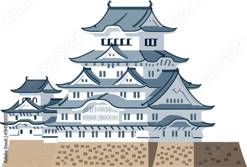A detailed illustration of a multi-tiered Japanese castle with intricate rooflines and a stone foundation.