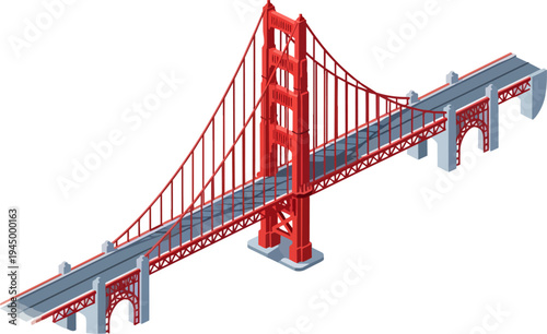 Isometric illustration of the iconic Golden Gate Bridge in San Francisco, California, rendered in a vibrant red hue against a clean white background.