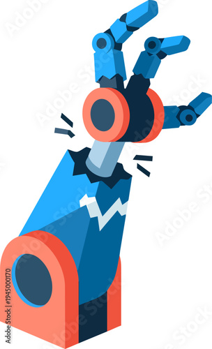 A stylized illustration of a broken blue and orange robotic arm, showing damage and exposed internal components.