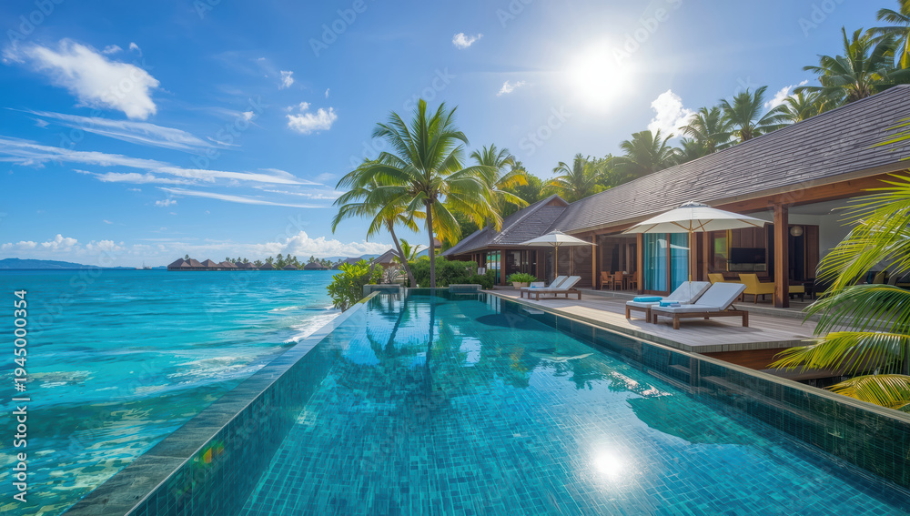 Fototapeta premium Luxury tropical resort villa with infinity pool, palm tree, sunlit ocean view, relaxing