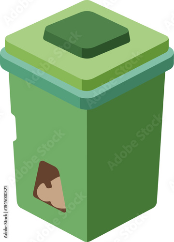 A green compost bin with a lid, showing organic waste inside through a side opening, in an illustrative style.