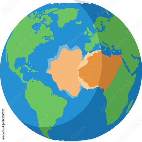 A stylized illustration of Earth showing ancient landmasses breaking apart, possibly depicting continental drift or Pangea.